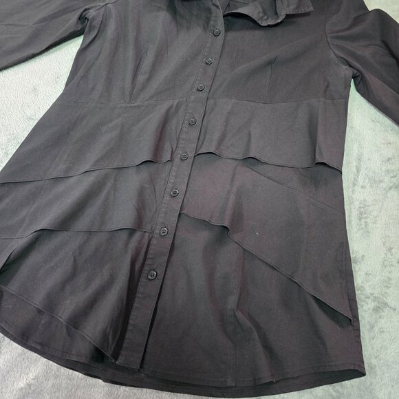 Finley Jenna Ruffle Poplin Tunic Top Black S | Layered Button Down Blouse - Picture 7 of 12